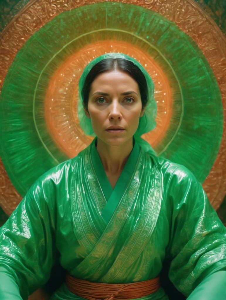 Portrait of a woman experiencing spiritual experience, wrapped green film, Wes Anderson style