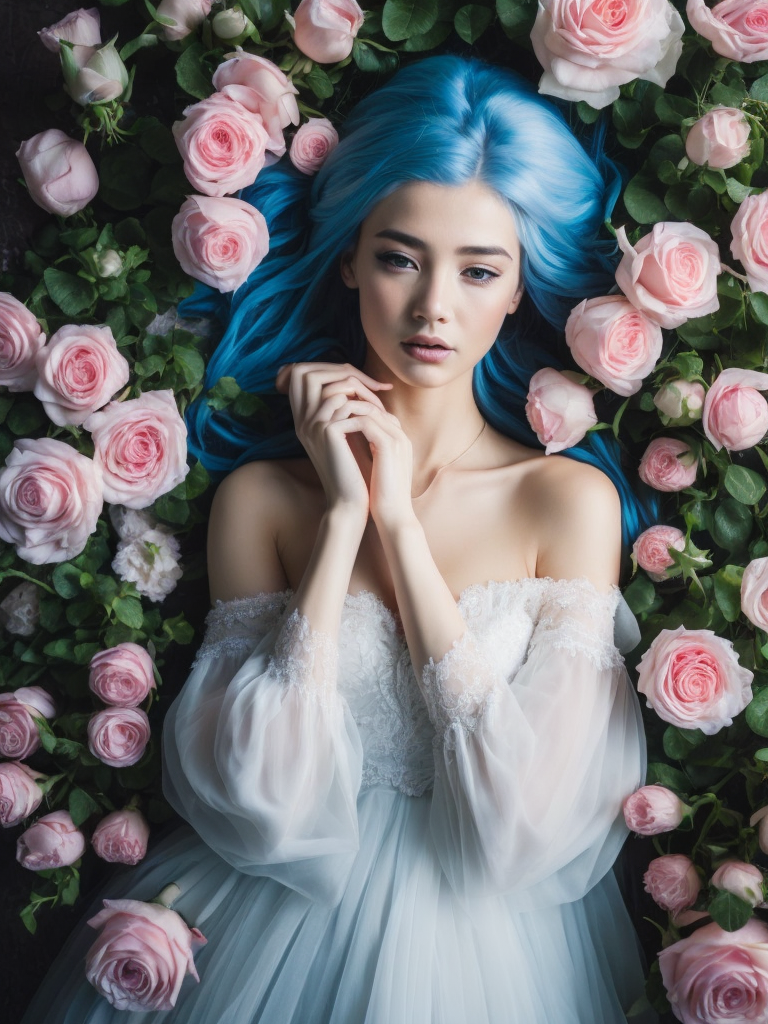 Desktop HD wallpaper: Flower, Rose, Dress, Model, Women, Blue Eyes, Blue Hair, Long Hair, Lying Down free download background picture,Human laying in flowers, top view, cinematic, dark light, beautiful colors, detailled, 4k