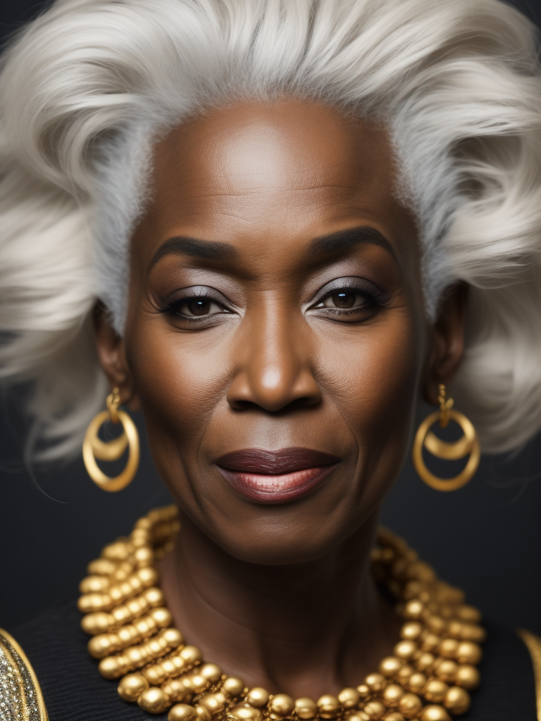 A 50yr old African supermodel with classic Chanel make-up and beautifully styled volume hair, beautiful pores and skin texture, detailed high resolution image, grey hair, Dior makeup, award winning fashion editorial image, soft lighting, gentle expression, she is content with her age