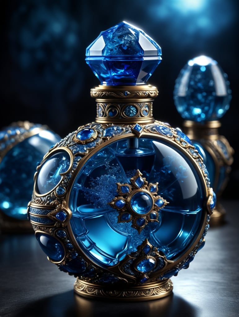 in the image blue perfume bottle in the shape of an asteroid