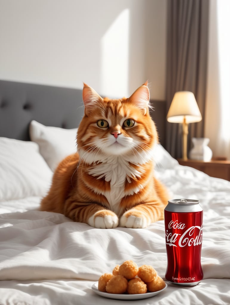 A picture of an adorable Garfield cat lying on a bed. In the photo, the room is bright. Garfield is covered with a soft quilt and the light is bright. He is holding a big iPad in his hand. There is a small exquisite bedside lamp. Snacks, cakes, fried chicken, and a large bottle of Coca-Cola are scattered on the bed. Realistic and romantic style, ultra-high definition, 32k Ultra HD