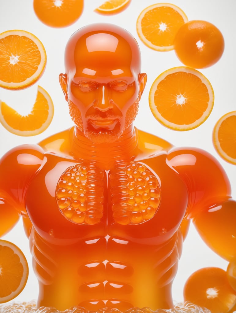 Portrait of a Translucent orange man made from the orange fruit jelly with pice of fruit, organs are visible through the jelly