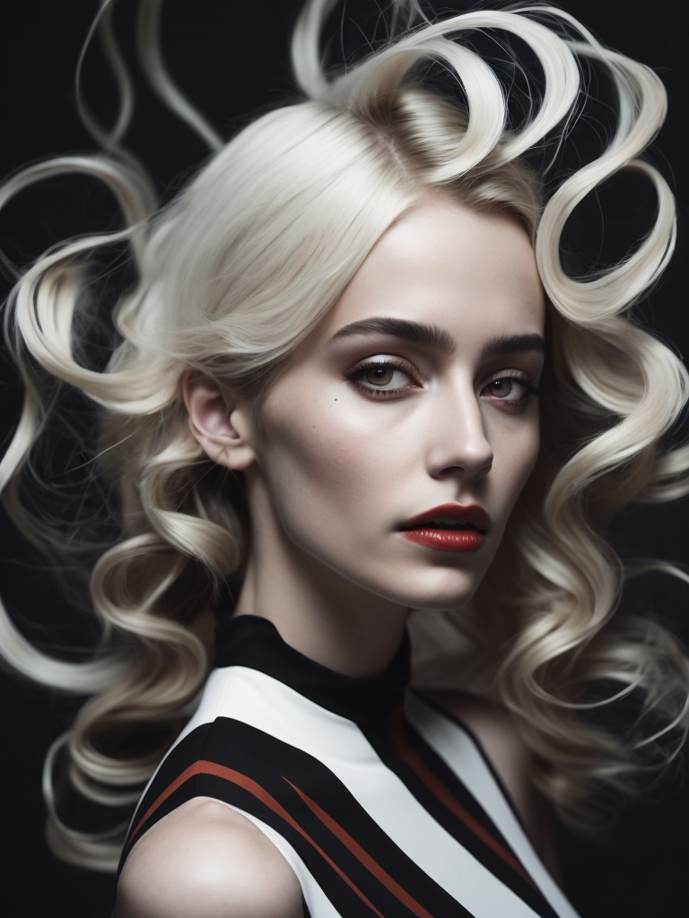 Pale-skinned girl model, wearing a black and white striped dress with a high collar, contrast lighting, Bright red make-up, Black and white curly long hair, dark background, fashion model, magazine cover, professional shot,