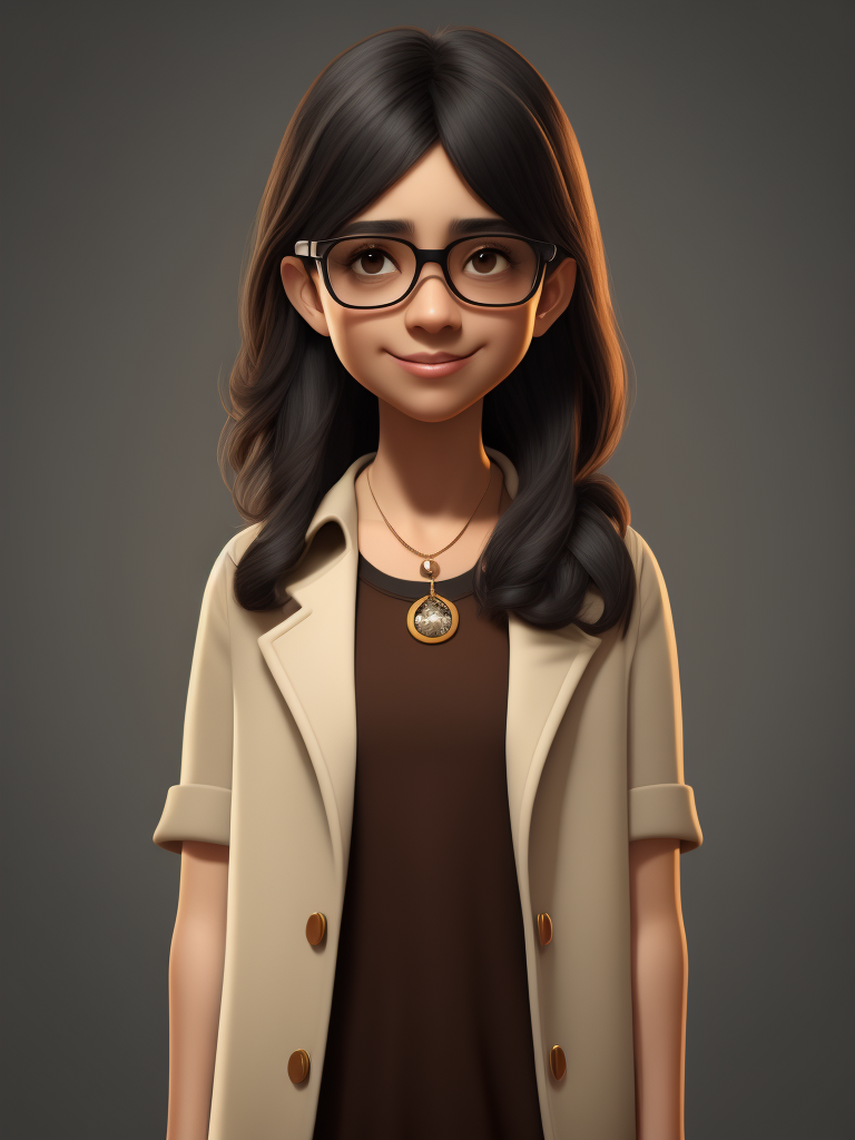 Girl, black hair, Brown eyes, glasses and necklace, Full body, standing centered, Pixar style, 3d style, disney style, 8k, Beautiful, Pixar style girl with black hair brown eyes glasses and necklace