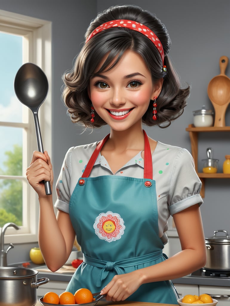 Physical Appearance: Short and cartoonish housewife with a friendly and approachable demeanor. Clothing: Colorful cartoon apron with a cheerful pattern. Pose: Holding a ladle in one hand. The other hand on a cartoonish pan, as if actively stirring. Facial Features: Happy and inviting cartoonish facial expression. Large, friendly eyes and a cheerful smile. Hair and Accessories: Neat and tidy cartoonish hairstyle. Optional: Cartoonish accessories like oversized earrings or a headband. Background: No background, transparent. Overall Style: Cartoonish style with exaggerated features and playful elements. Color Palette: red and grey