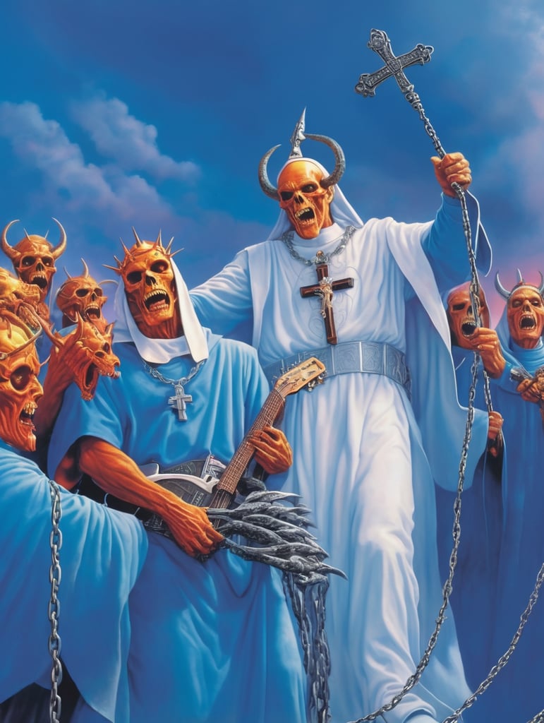 Human Bishop, and nuns healing, the dead Hell skulls four horsemen baphomet chains thorns ,screaming dead demons on fire iconic, hyperdetailed, Iron Maiden Eddie digital illustration by Derek Riggs, (iconic, hyperdetailed, haunting digital illustration by Zdzisław Beksiński and Peter Gric. ), vivid saturated colors, highly detailed, contrast colors