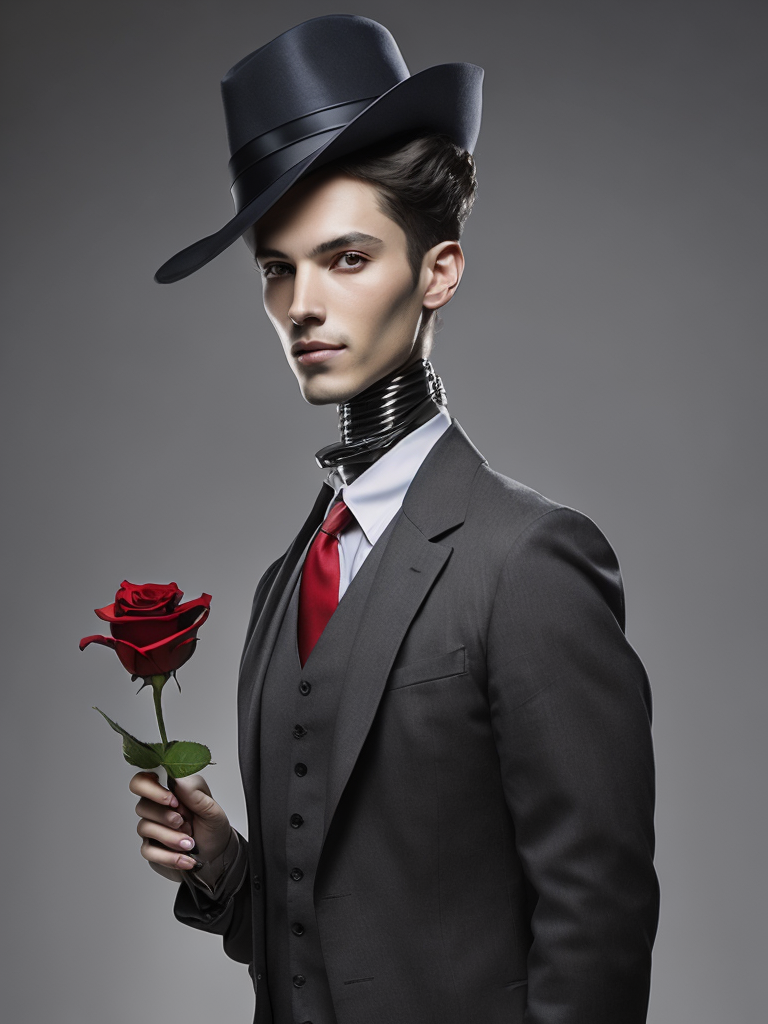 Portrait of a robot detective, holding a rose in his hand