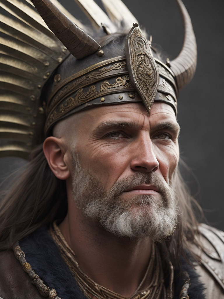 a viking warrior, semi-profile, wrinkled face, bright brown eyes, weathered skin, highly detailed, war paint, war bonnet,