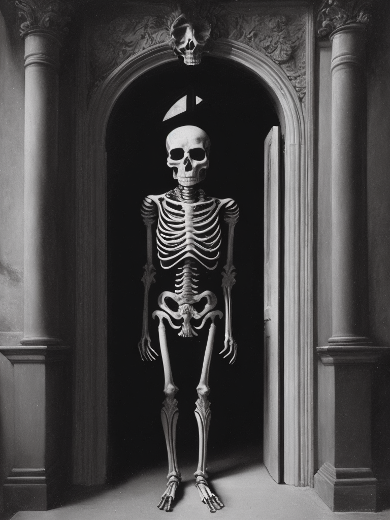 black and white painting of a skeleton standing in a doorway with a skull on it's head by Gustave Dor