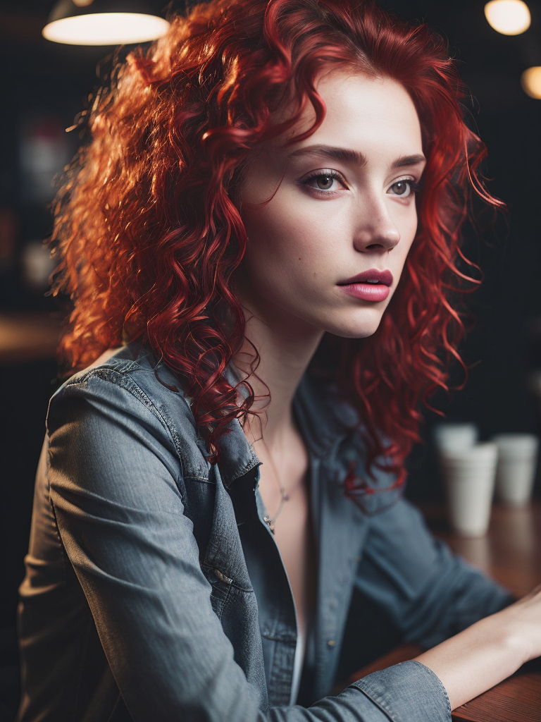 Create a stunning image of a charming young lady with curly red hair, freckles, sitting in a café. The portrait should capture her beauty with exquisite detail and elevated colors.