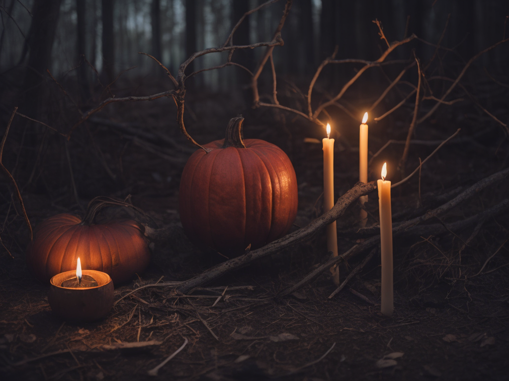Night. Pumpkin. Dripping thin and long candles on forest ground, twigs. Many Shadows and dim scene. Red undertone.