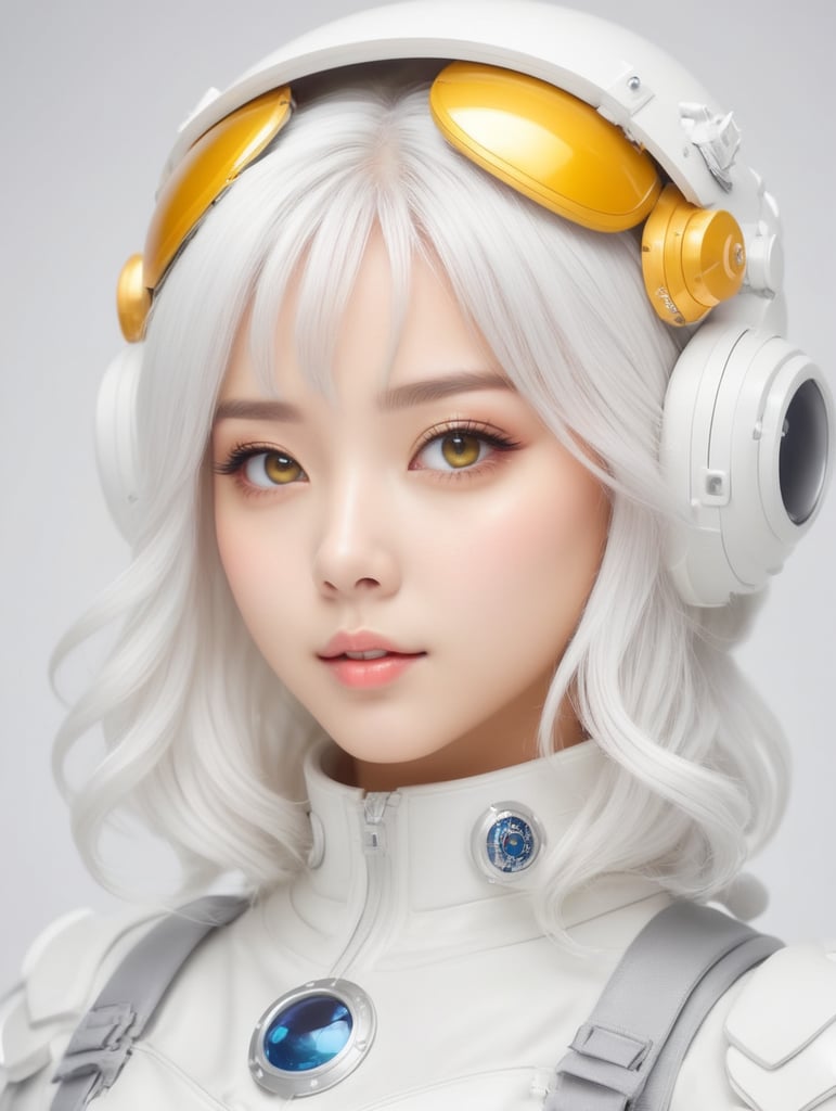 Asian girl, Anime girl, beauty queen, white hair, astronaut suit, tanned, cute, model, big yellow eyes