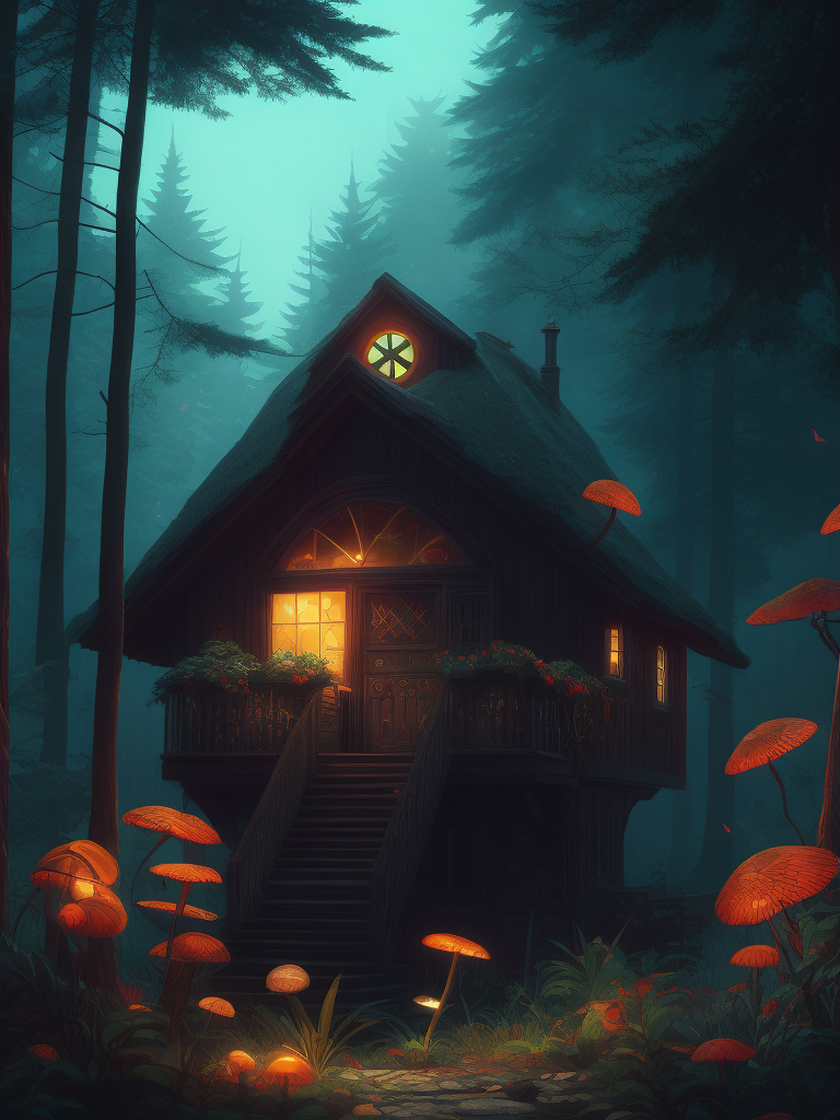 The house in the forest, dark night, leaves in the air, fluorescent mushrooms, animals, gibli, atey ghailan, lois van baarle, jesper ejsing, ernst haeckel, pop art patterns, exquisite lighting, clear focus, very coherent, very detailed, contrast, vibrant, digital painting