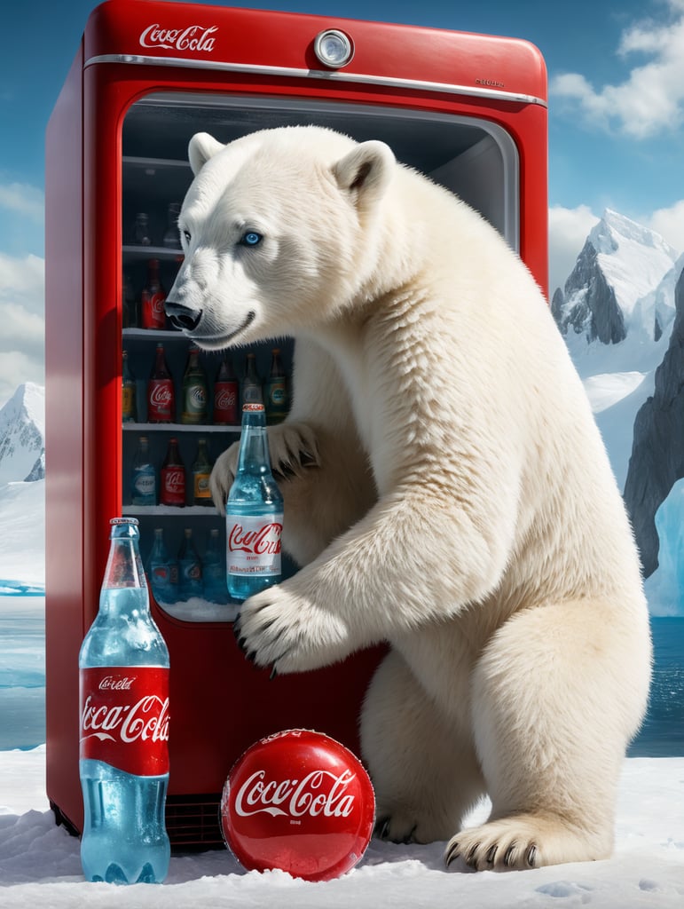 Ein weißes Eisbärbaby mit Himmelblauen Augen sitzt vor einem großen roten Kühlschrank in der Antarktis und trinkt aus einer Flasche Coca-Cola. Im Hintergrund sieht man Eisberge. Der Himmel ist strahlend blau.