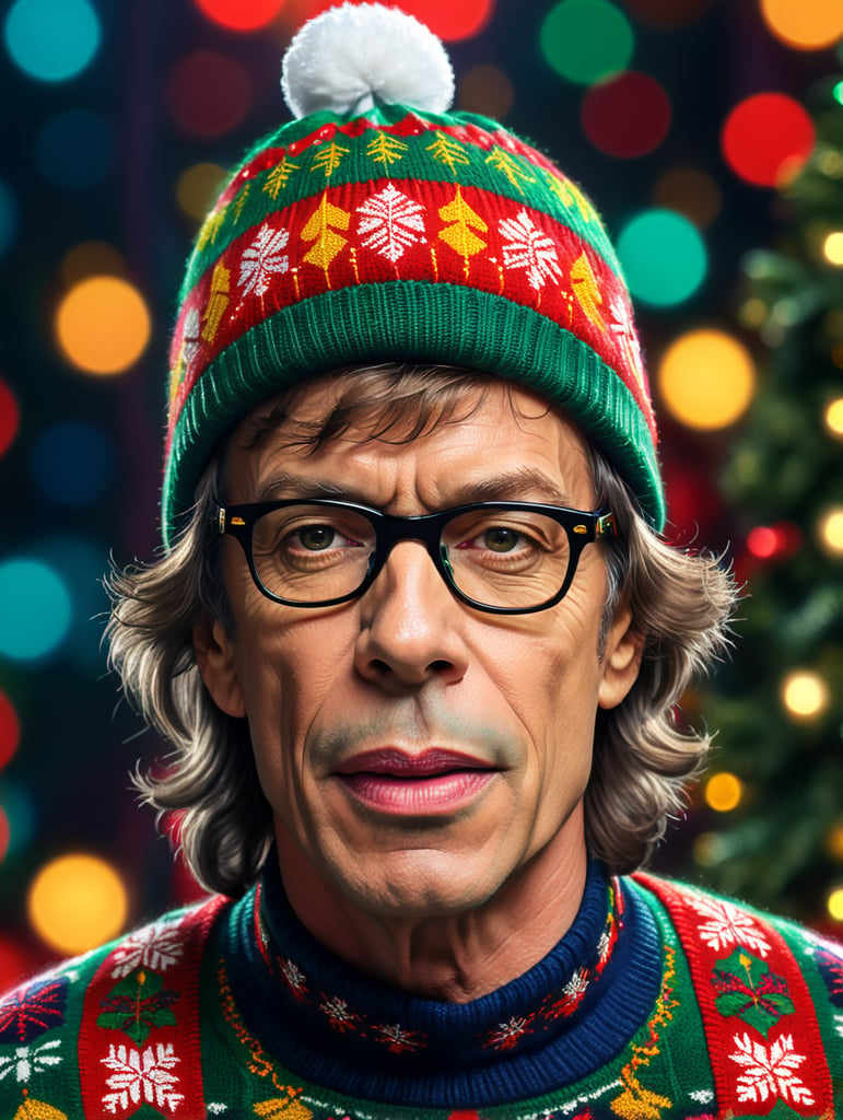 Mick Jagger wearing an a brightly patterned ugly Christmas sweater and wayfarer glasses and Christmas beanie, Vivid saturated colors, Contrast color