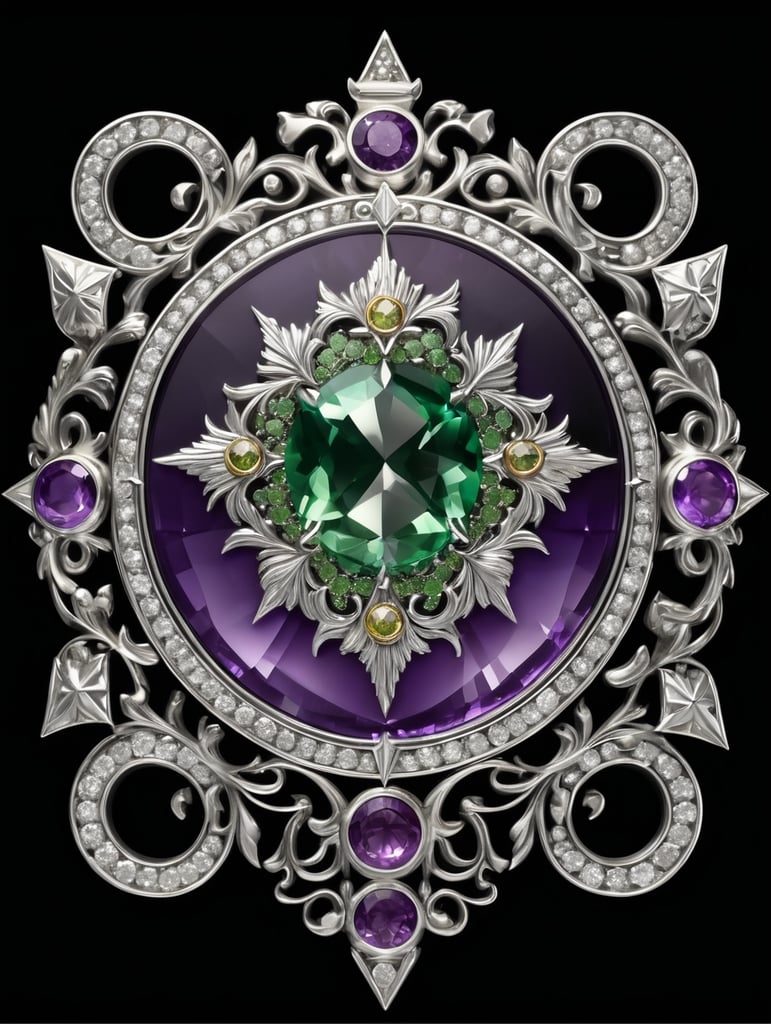 Highly realistic single metal craft, medieval European royal emblem, symbolizing stars and quill pen in the night sky, amethyst, silver, small green diamond, magnificent and noble, frontal view, symmetrical, black background