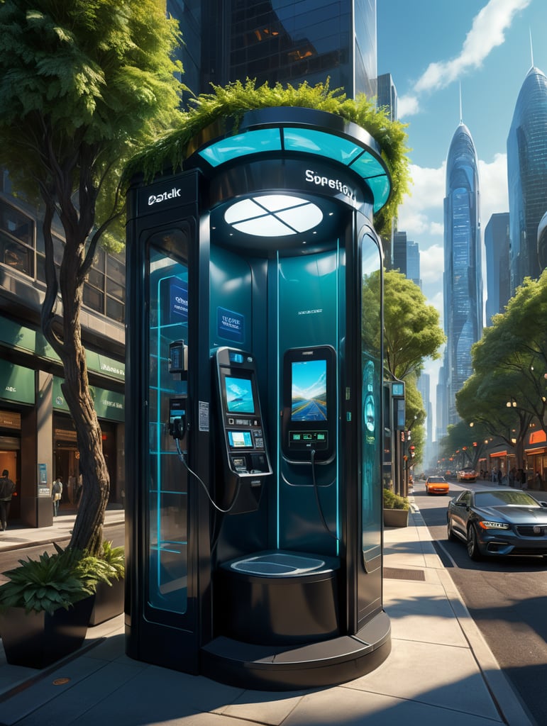 A sleek, state-of-the-art telephone booth with cutting-edge technology and solar power integration, presented through a professional digital illustration style. In the spirit of concept artist Syd Mead, this image showcases a futuristic, cityscape backdrop. The booth exudes minimalism and sophistication with its clean lines and advanced touchscreens. The color palette is a mix of cool, futuristic blues and vibrant, eco-friendly greens. Facial expressions are determined and focused, bathed in the glow of a digitally enhanced atmosphere, demonstrating the embodiment of professionalism in modern technology. --v 5 --stylize 1000