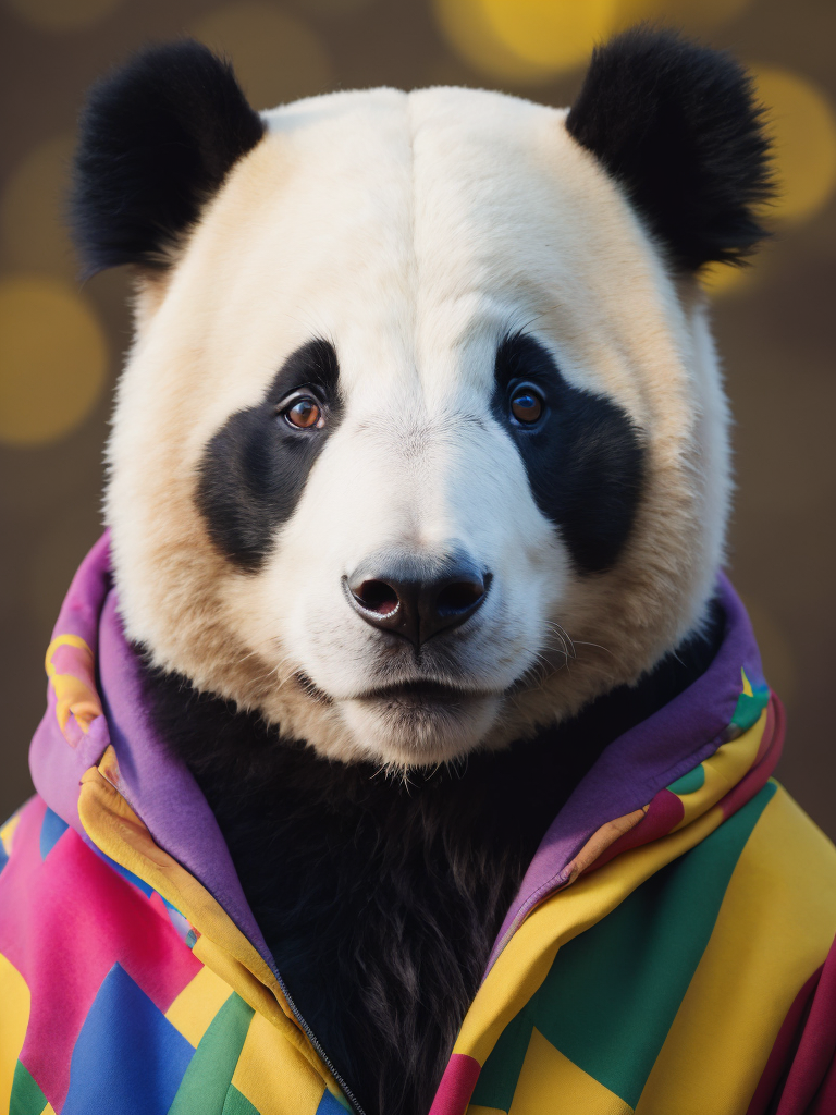Portrait of a panda dressed in a colorful oversized jacket, Vivid saturated colors, Contrast color, studio photo, professional photo, Rich colors, Detailed image, detailed face