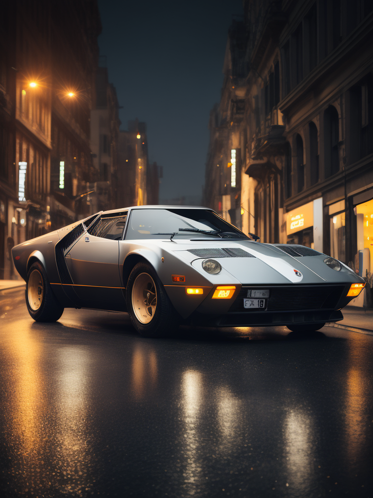 analog gloomy photo of a silver Lancia Stratos Zero car, low view, ground level view, diagnoal view, brushed aluminum, driving on a busy city street at night, dark photo, neon lights, smokey atmosphere