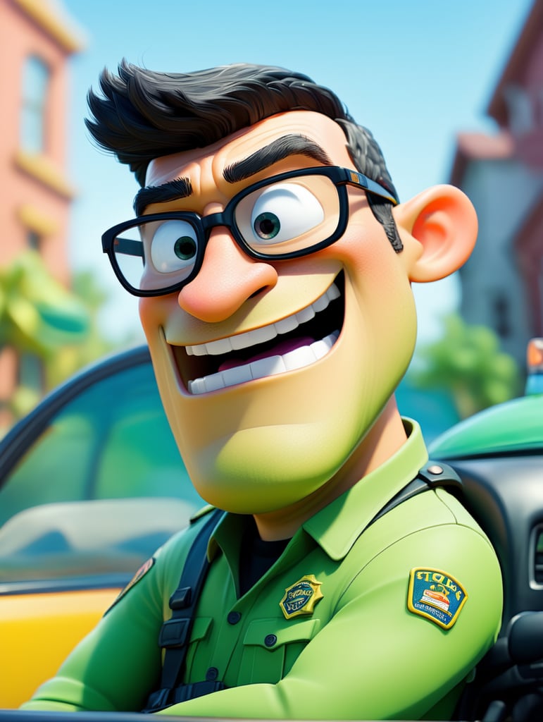 Alligator police officer, sitting behind the wheel of a taxi, close-up shot, sunglasses, clipart, stock photo