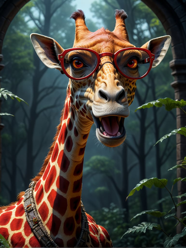 Girrafe with glasse with red arms, disney pixar style