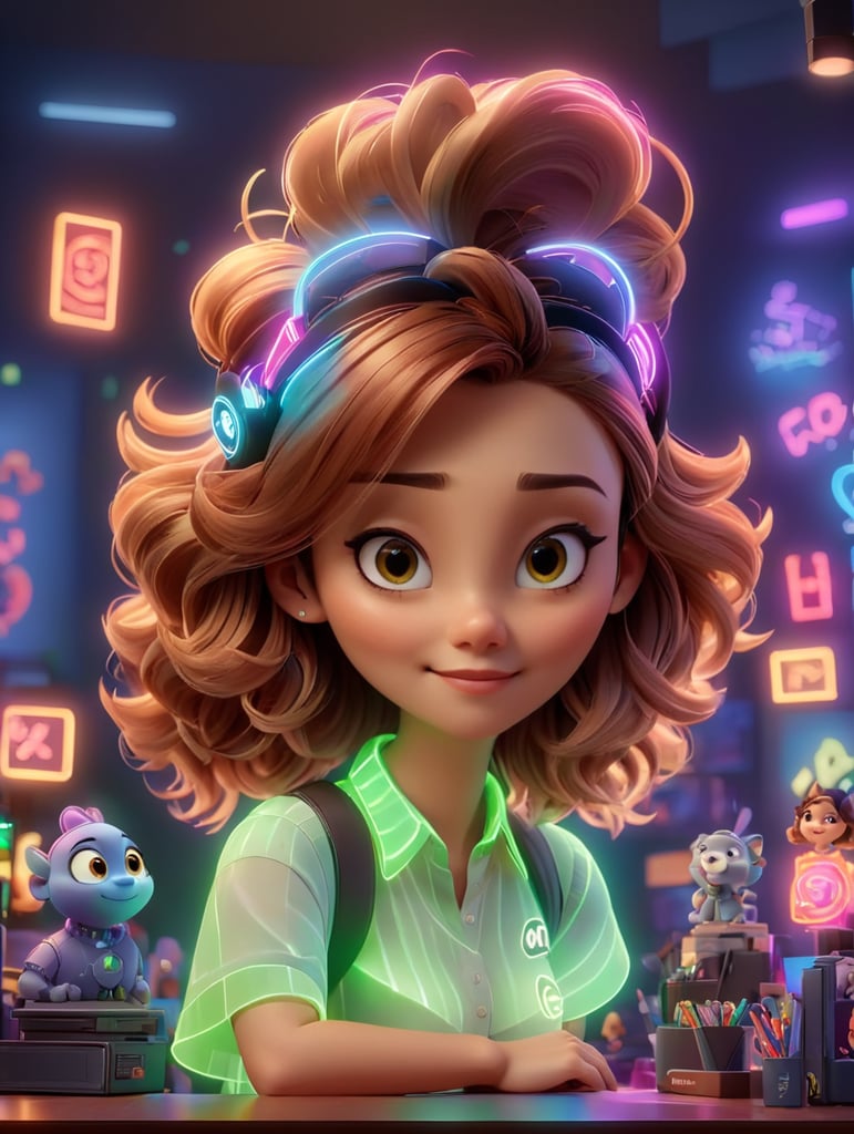 portrait, young woman, creative, cool, in a desktop, with neon lights, eCommerce, pixar style, in a big office background with lights