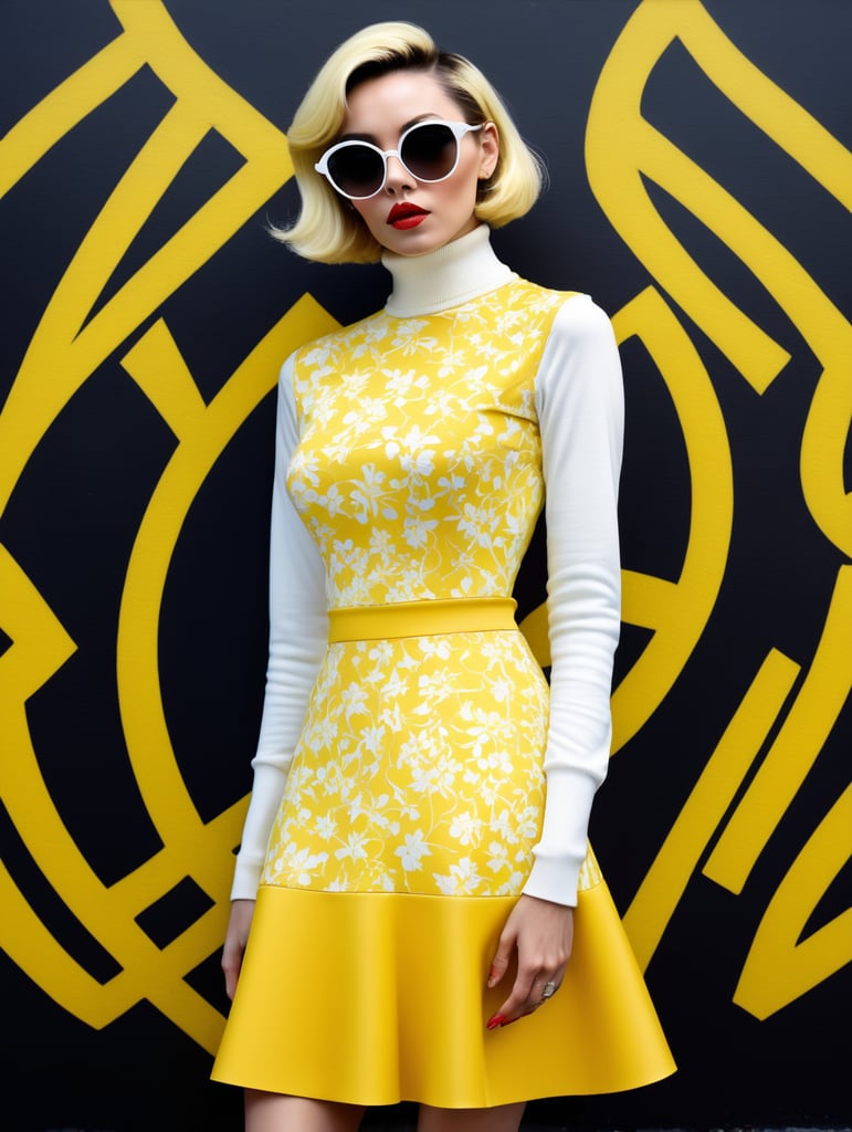 Front profile full body photography, in front of black wall, a hip hop 80's british model woman with 50's haircut, in a yellow and white turtleneck dress and large sunglasses, 80 degree view, art by sergio lopez, natalie shau, james jean and salvador dali