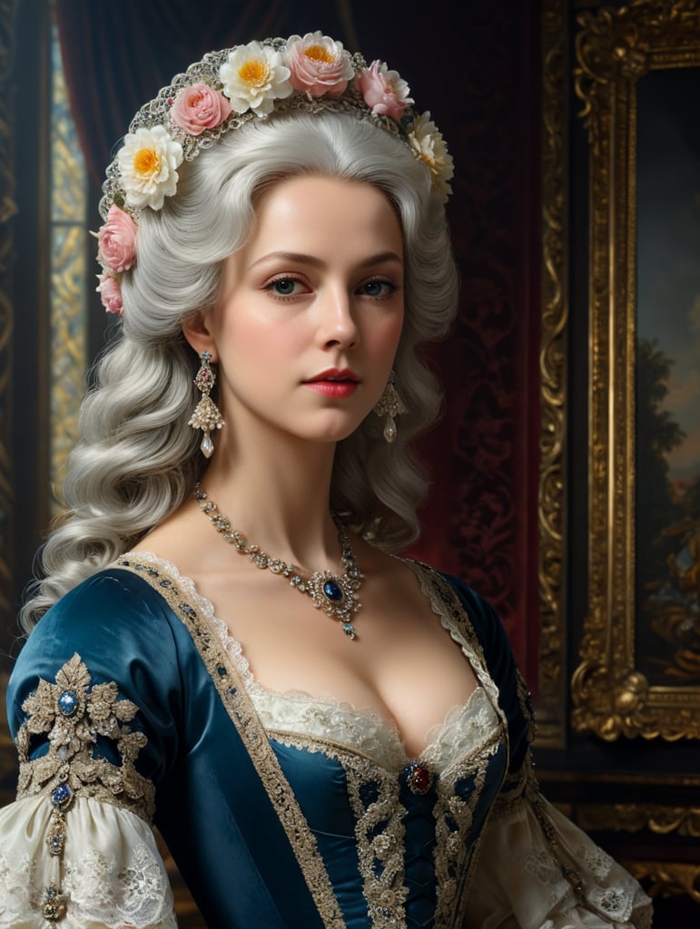 beautiful portrait Grand Duchess in rococo interior, hairdress by Léonard Autié, white hairs, flowers and lace in wig, beautiful dress 1770, oil on canvas by Alexander Roslin, intricately detailed, deep color, academic art, detailed painting, velvet, lace