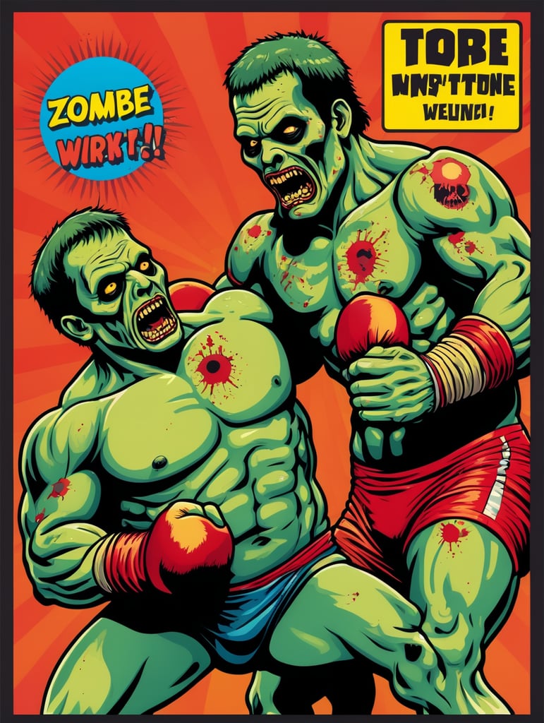 Pop art illustration, sticker, zombie wrestling