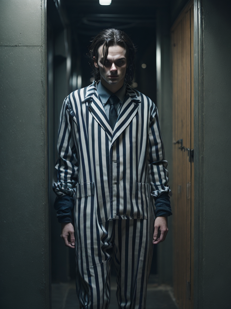 clown in a black and white stripes prison jumpsuit uniform