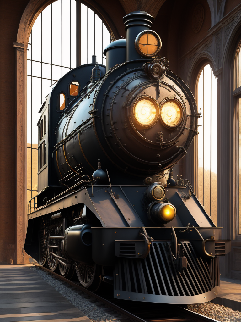 a train locomotive on wheels, art deco, art nouveau, streamline, front window, steampunk, tall