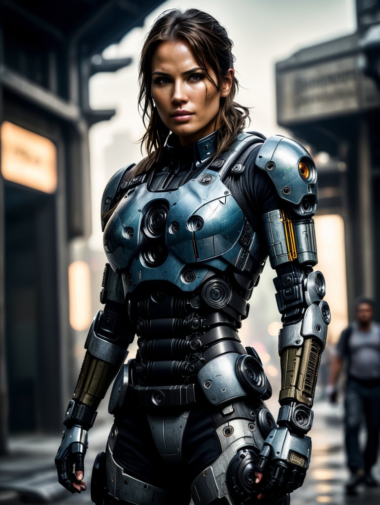 Very strong Lara Croft wearing a full body technologic robotic armour looking like a supersoldier