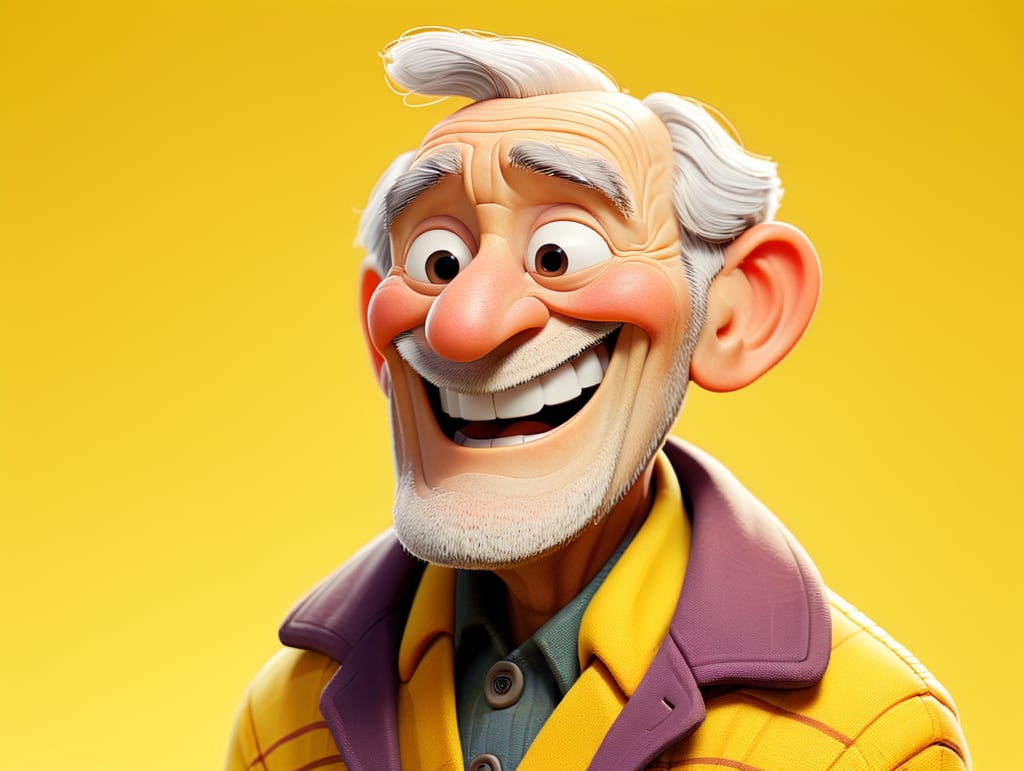 Smiling and cheerful old man in a striped jacket on an isolated yellow background