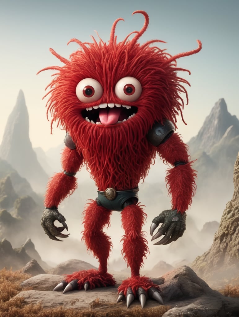 3 legged creature with square head, spaghetti like arms, red skin and hair, is very hairy, plump, large round eyes, and circular mouth