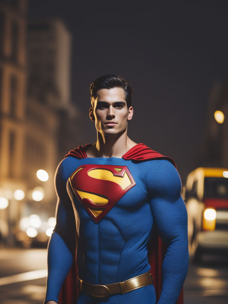 Portrait of a superman in a knitted suit, large textured knit, blue suit with a red and yellow superman logo on the chest, city in the background, blurry background, professional shot, bright saturated colors, sharp focus, highly detailed