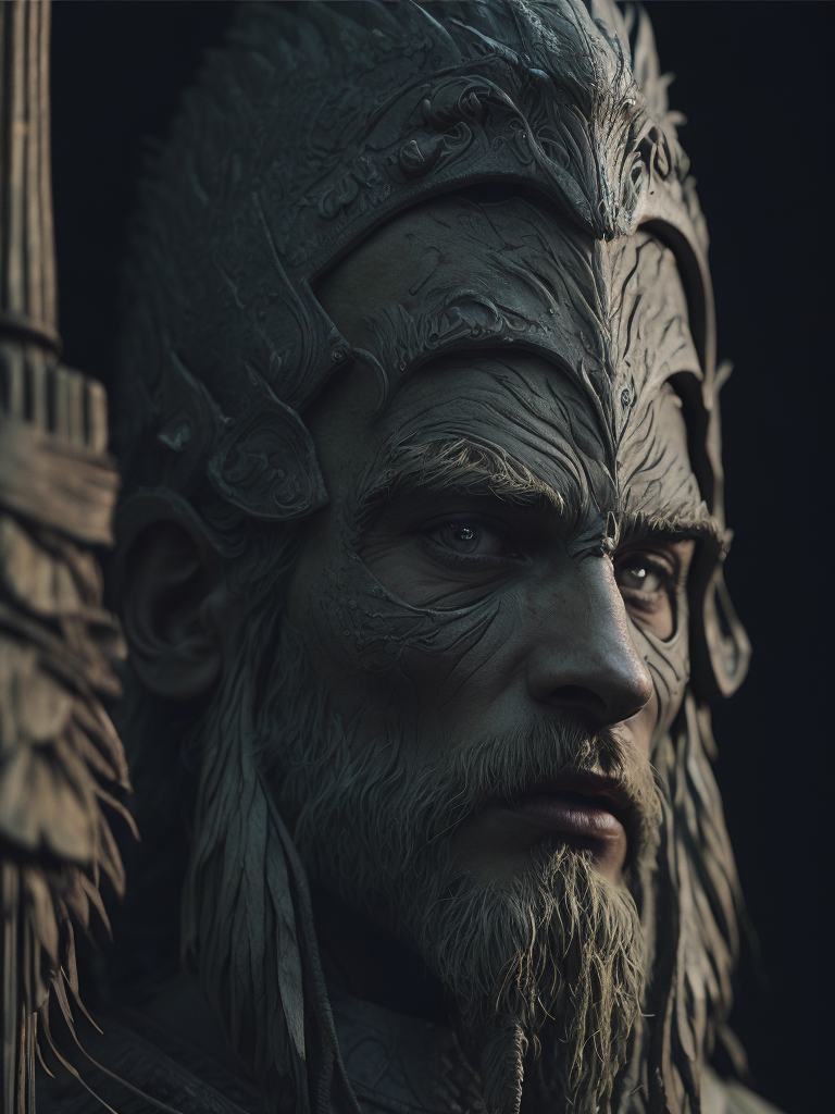 viking totem pole, deep wood carving, black wood