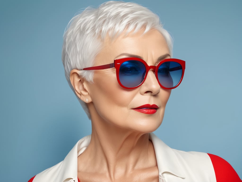 A portrait of a beautiful English older woman with white platinum short hair and big sunglasses, dressed all red, blue background, big cleavage, glamorous London portrait, highly realistic, women designer, very fashionable, colourful