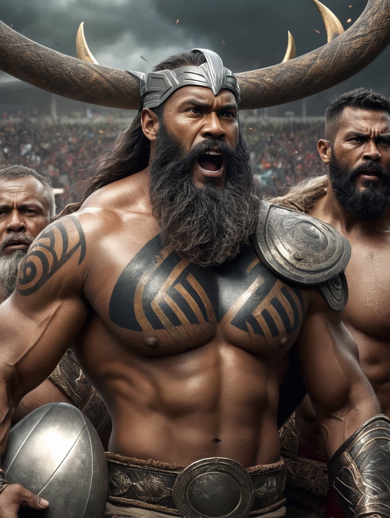 Fijian men with long beard shirtless playing rugby as thor god of thunder
