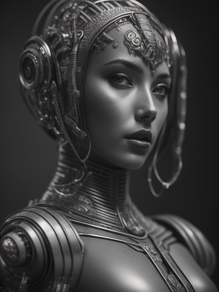 Female robot, Giger style, black and white, high contrast, metal face, many details, slim, stylized body