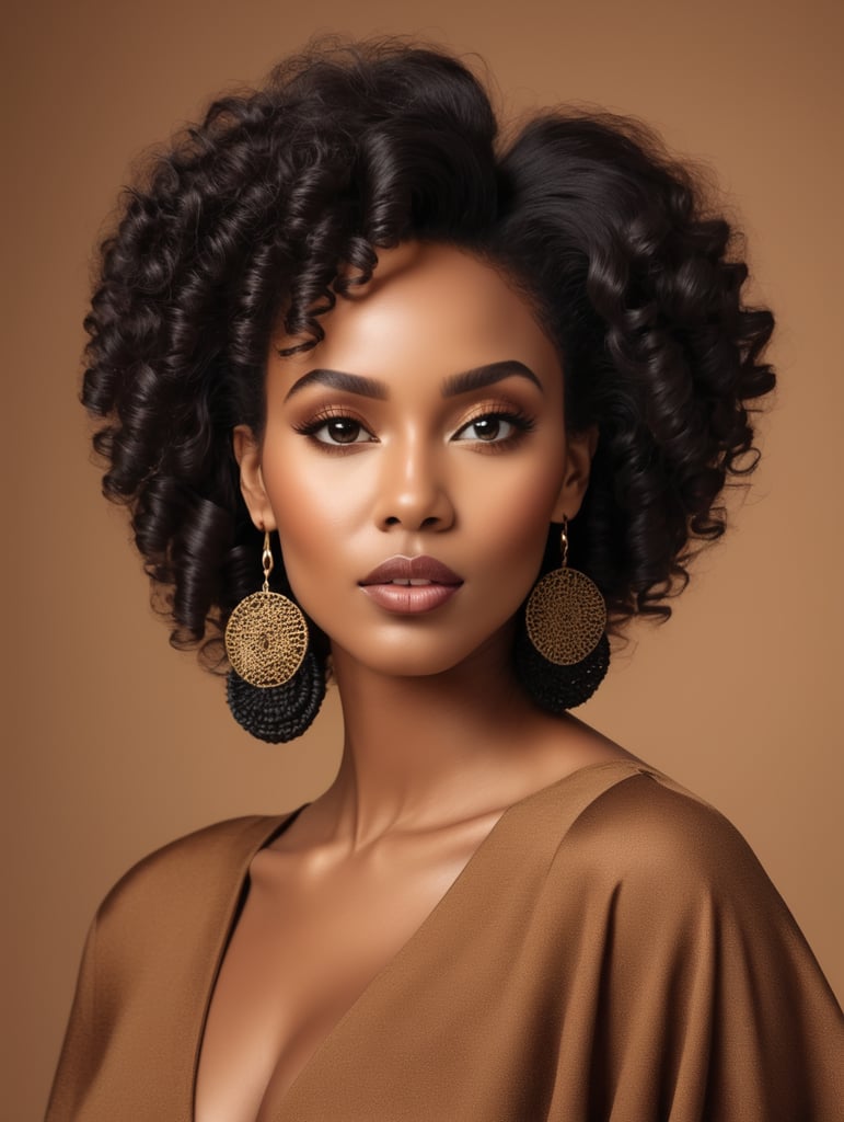 A photo of a beautiful black woman with black curly hair, big earrings, dreamy, nostalgic, fashion editorial, studio photography, magazine photography, earth tones