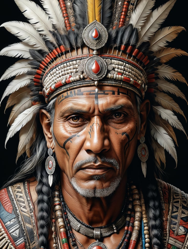 Indian tribal leader, illustration, Pencil, Portrait, B , USA, style of Laurie Lipton