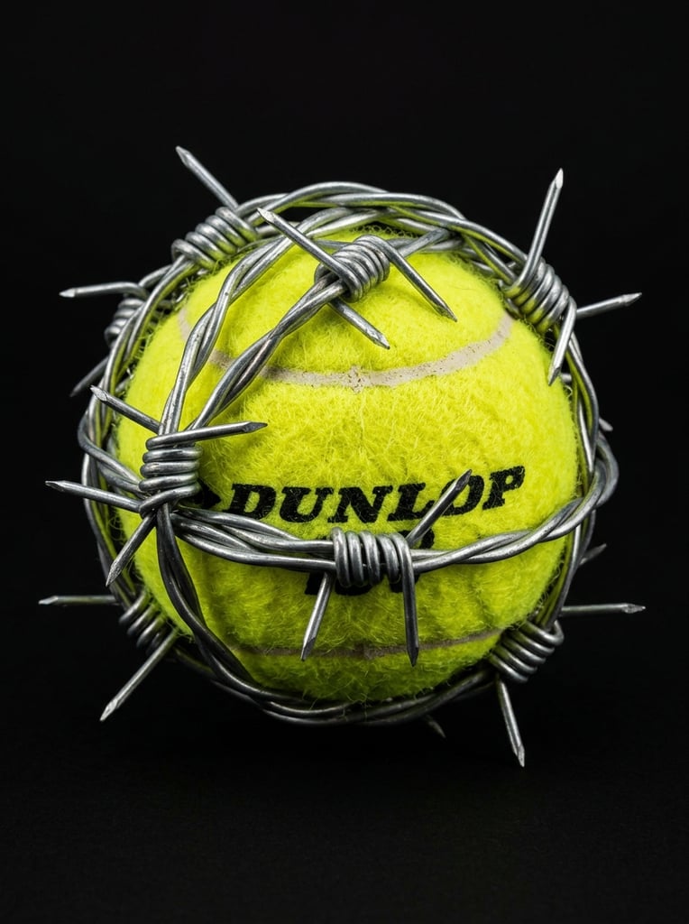A fluorescent yellow tennis ball tightly bound in silver barbed wire with long sharp spikes, isolated on a solid black background. High-contrast studio lighting emphasizes the juxtaposed textures of fuzzy felt and cold reflective metal in sharp macro focus.