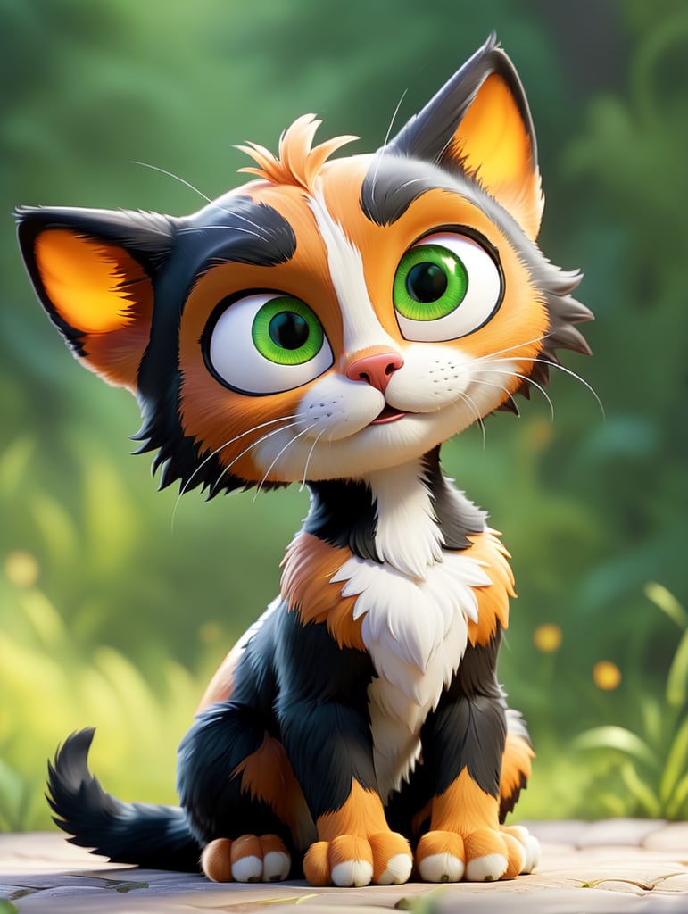 superhero as a calico with green eyes