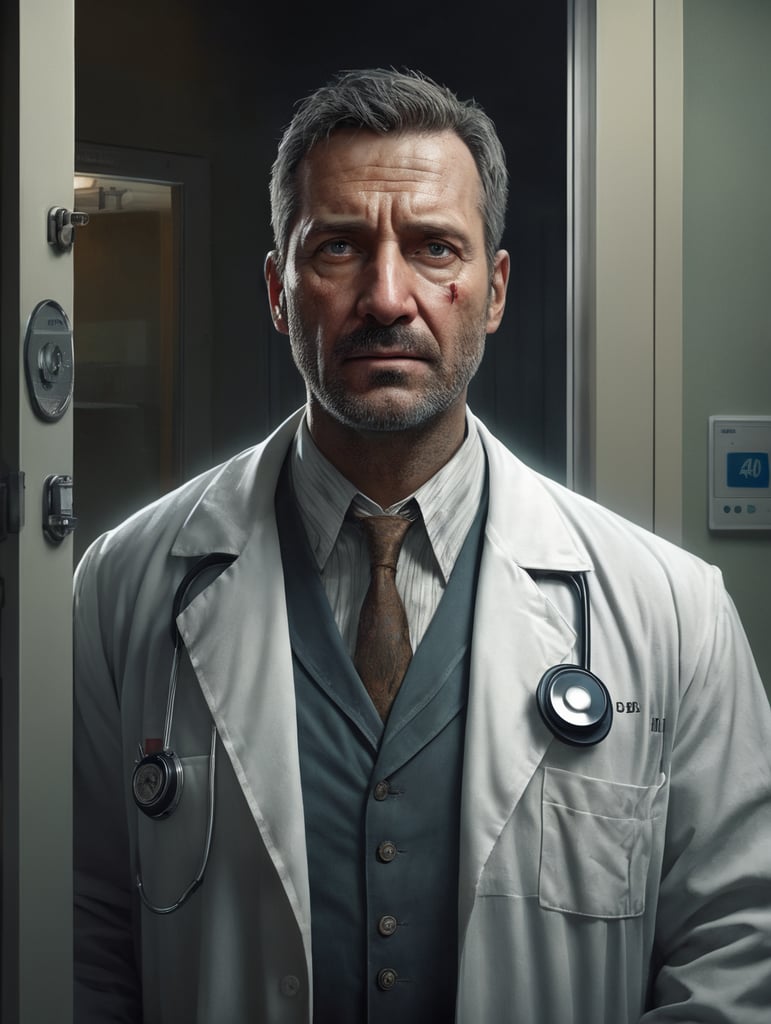 a very tired 40-year-old home doctor, with an aged face, in a dirty white coat, unmotivated, working night shifts in front of the entrance door of a large hospital