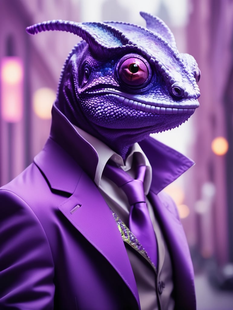 Purple chameleon in the style of clear neo-pop illustrations in stylish clothes, mysterious characters, bright close-up