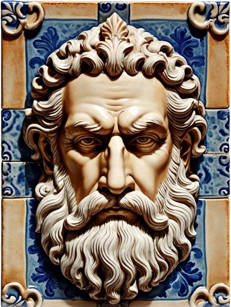 Square ceramic glazed tile with medieval art Poseidon head, Azulejo