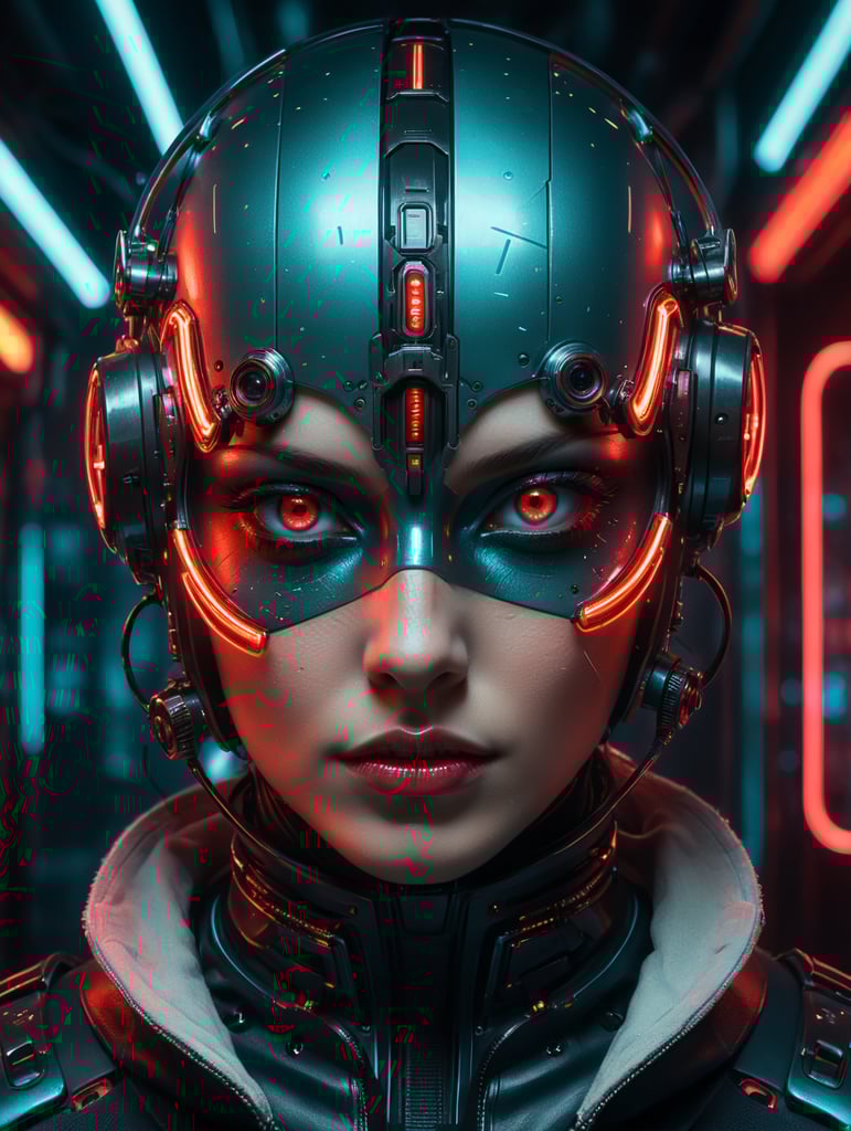 neon light eyes and face, in the style of cyberpunk imagery, playful body manipulations, dark aquamarine and red, minimalist portraits, bunnycore, realistic anamorphic art,