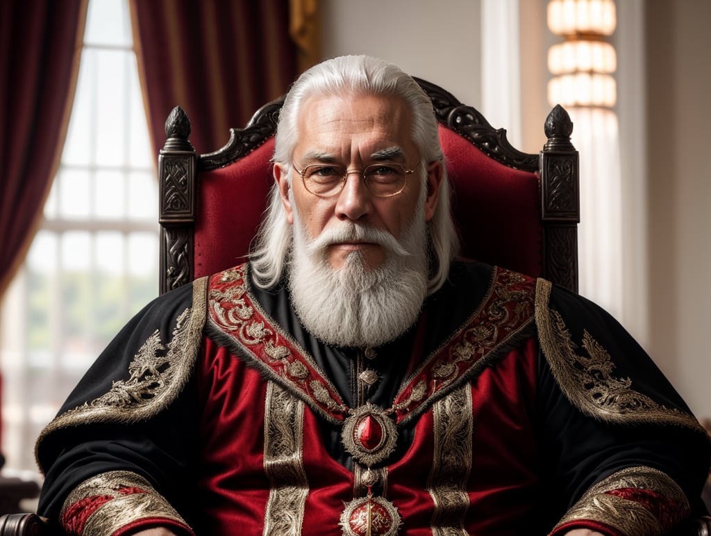 old man on a throne, wearing red and black clothes, white long beard, white hair, zoom, 4k, staring staight on the camera