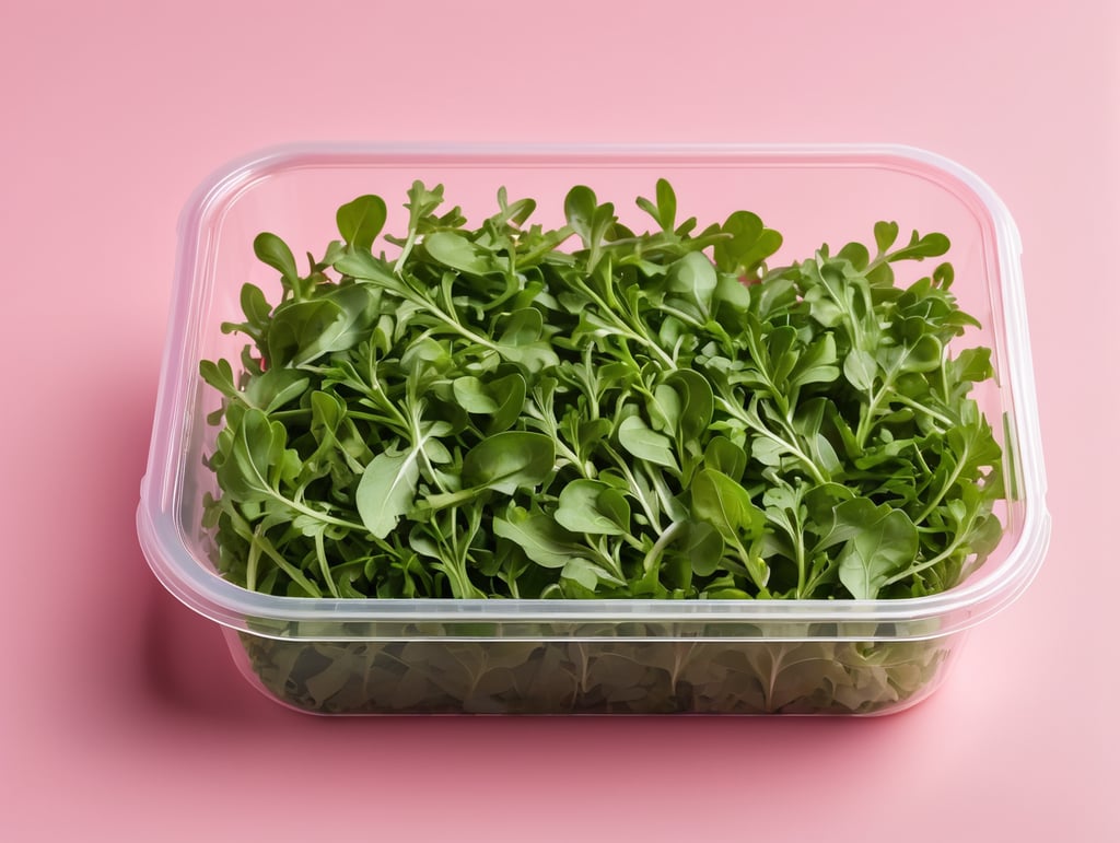 blank Transparent Plastic Container with Arugula Salad, isolated, pink background, Mockup, mock up