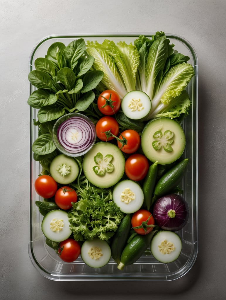 green salad and vegetables in a transparent plastic tray, top view, isolated, mockup